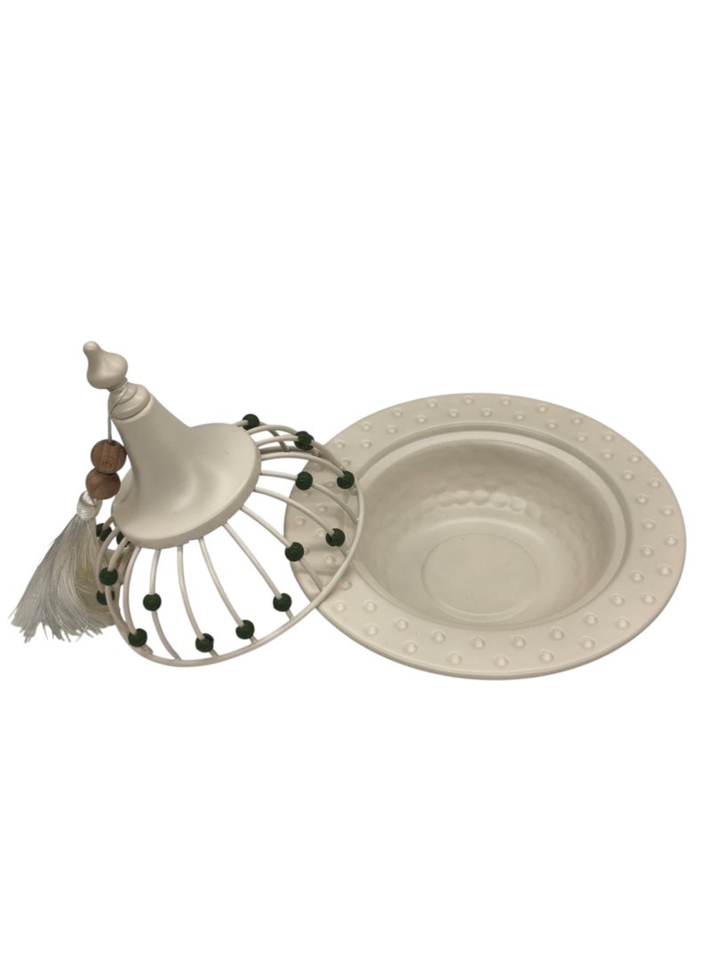 AKDC طاجن معدني أكديك مع غطاء 21سم*20سم، أبيض مع خرز أخضر - Image 2